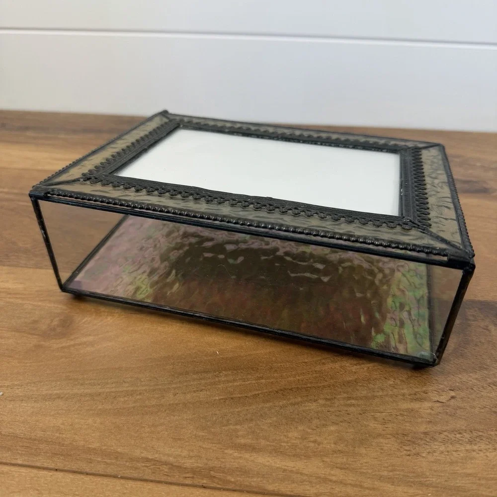Ormolu‎ Keepsake Box Photo Lid Iridescent Glass Large 8x6